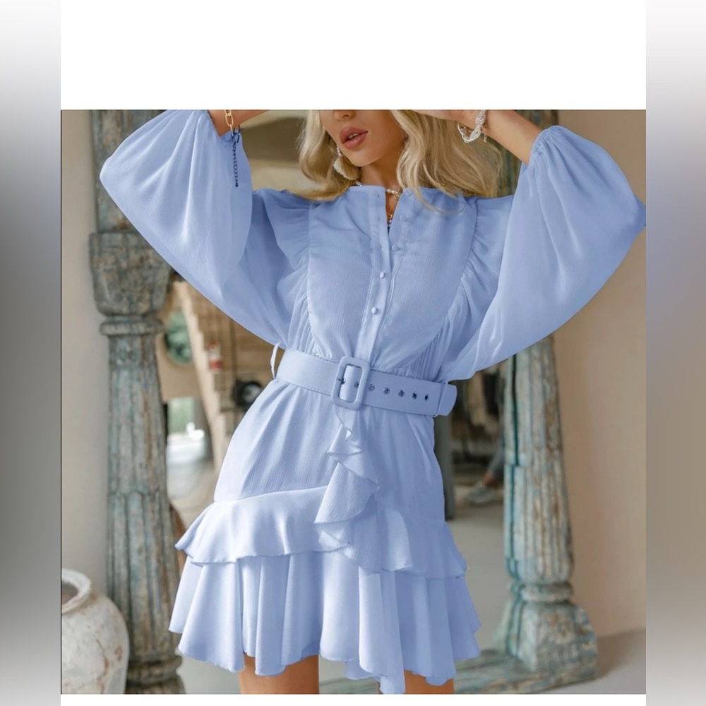Simple Light Blue Belted Dress